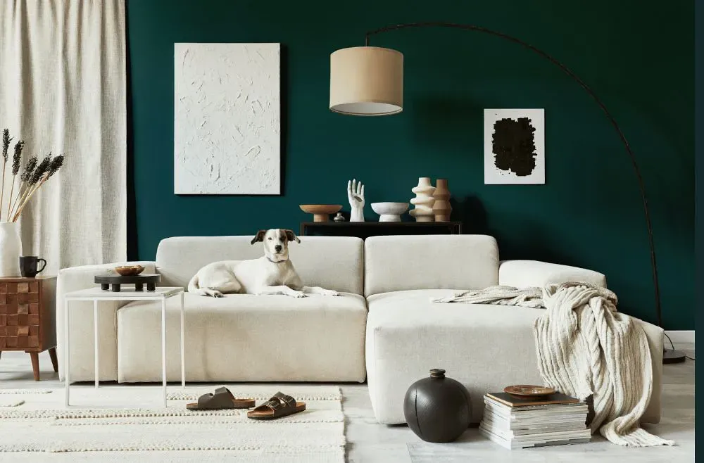 Benjamin Moore Mallard Green cozy living room