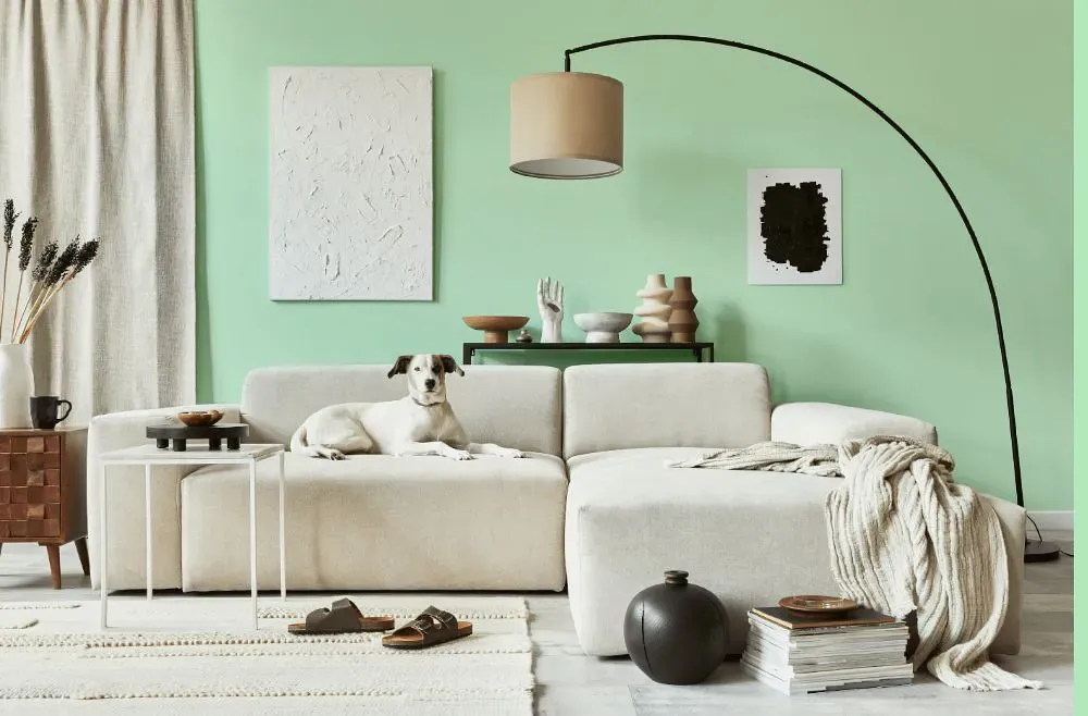 Benjamin Moore Mantis Green cozy living room