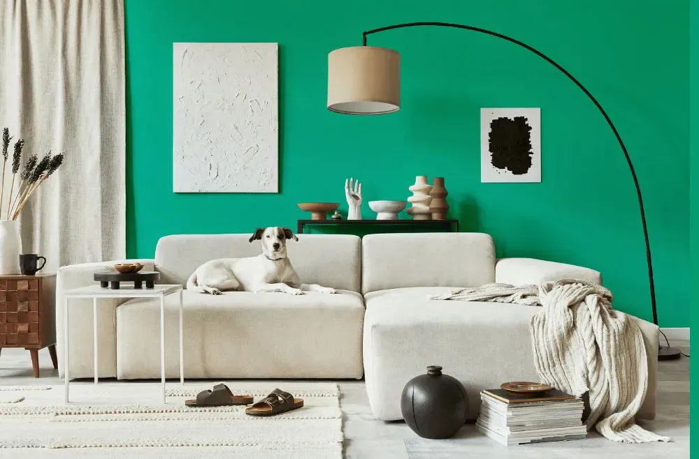 Benjamin Moore Mayan Green cozy living room