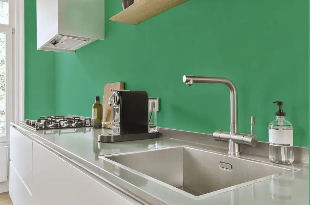 Benjamin Moore Meadowlands Green kitchen painted backsplash