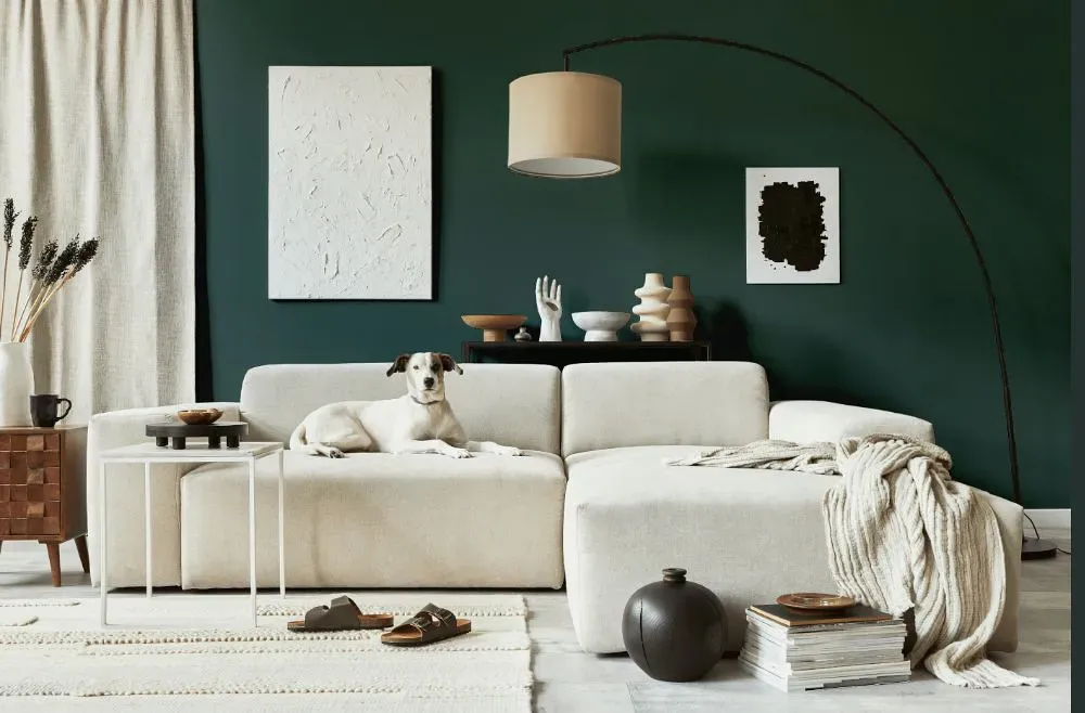 Benjamin Moore Mediterranean Teal cozy living room