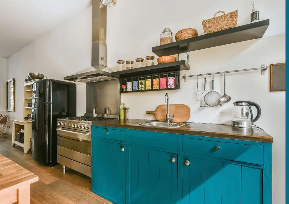 Benjamin Moore Meridian Blue kitchen cabinets