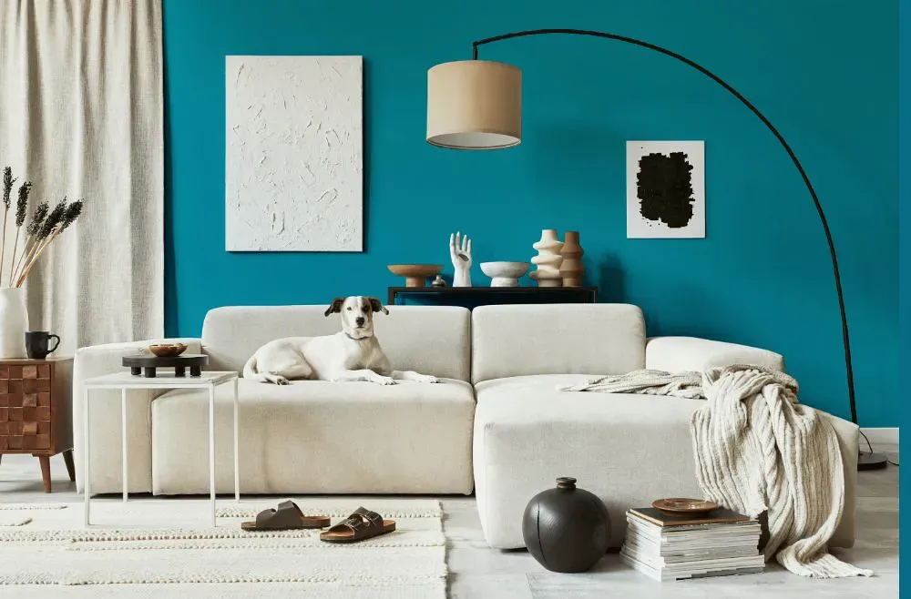Benjamin Moore Meridian Blue cozy living room