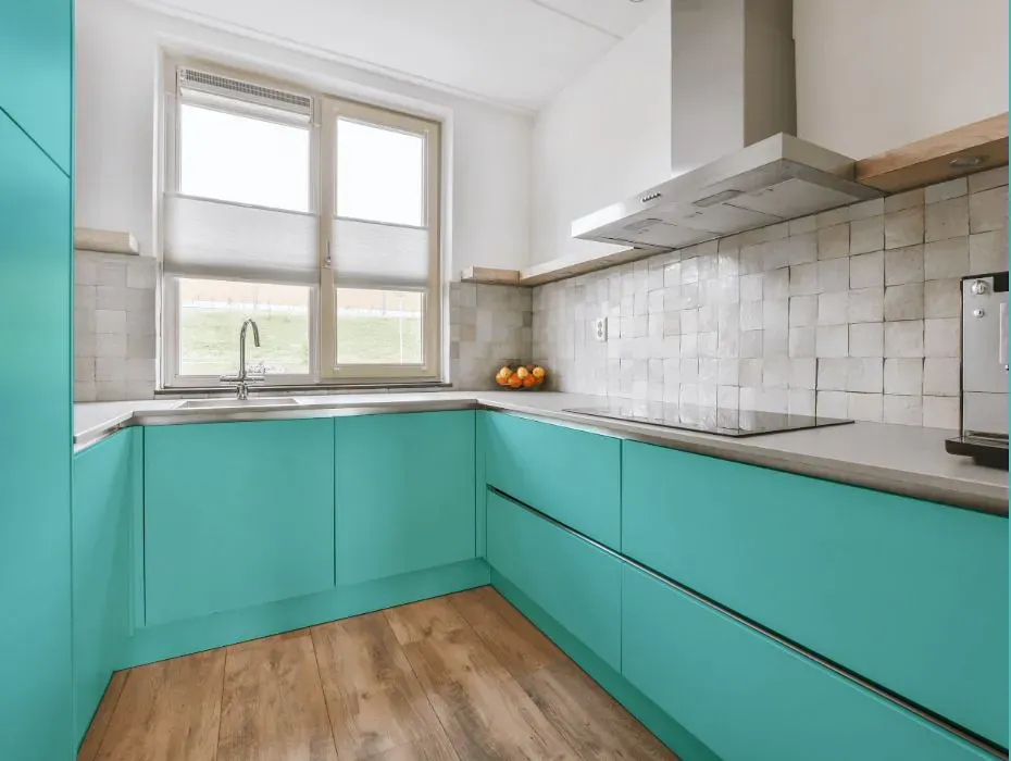 Benjamin Moore Mexicali Turquoise small kitchen cabinets