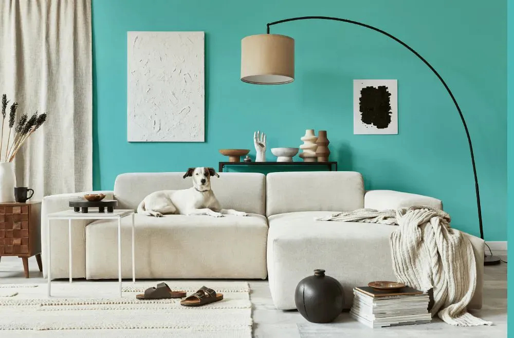 Benjamin Moore Mexicali Turquoise cozy living room