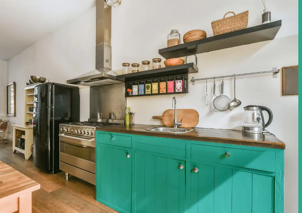 Benjamin Moore Miami Teal kitchen cabinets