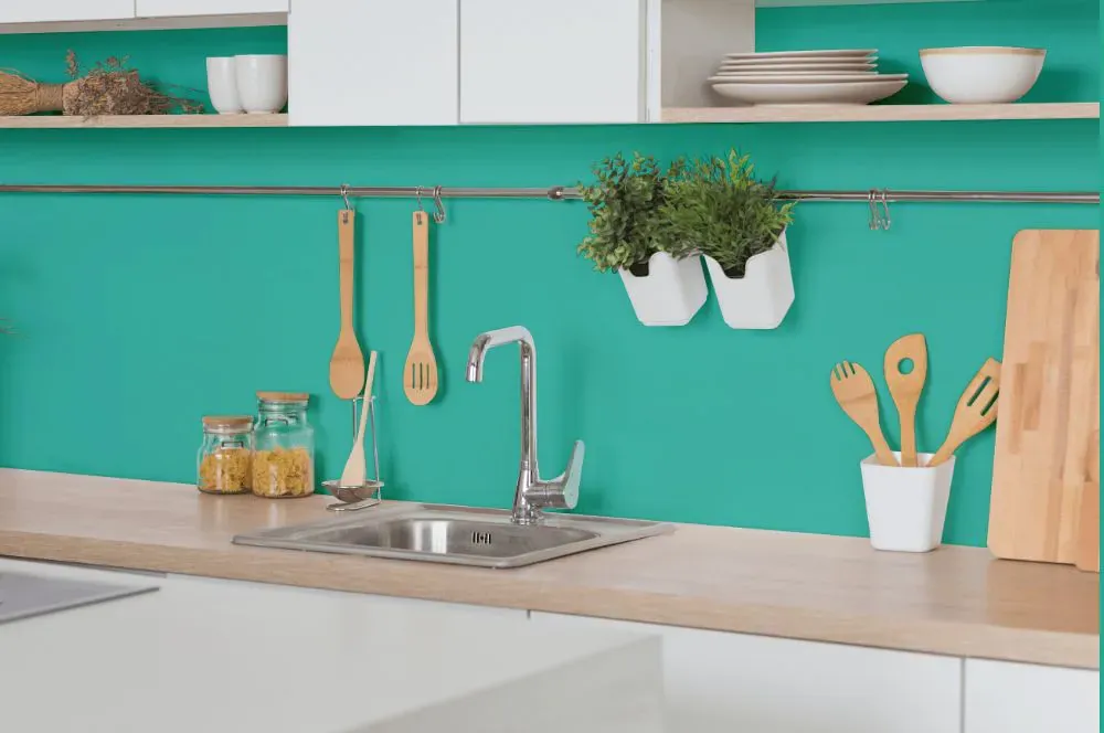 Benjamin Moore Miami Teal kitchen backsplash