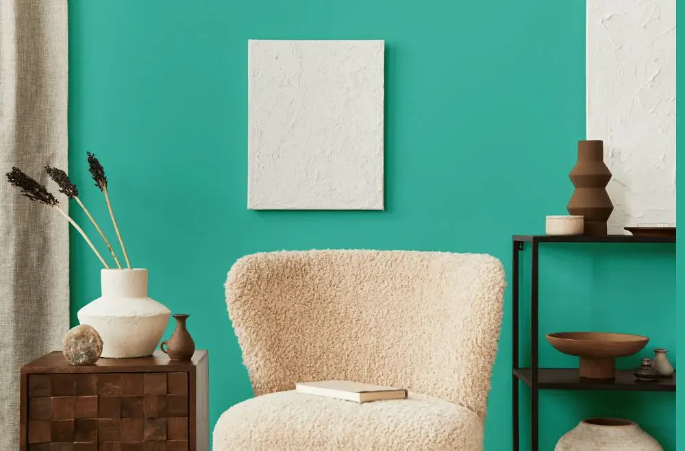 Benjamin Moore Miami Teal living room interior