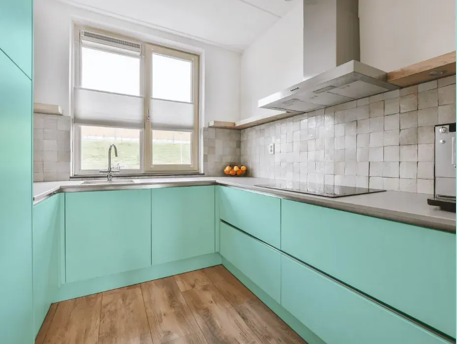 Benjamin Moore Misty Teal small kitchen cabinets