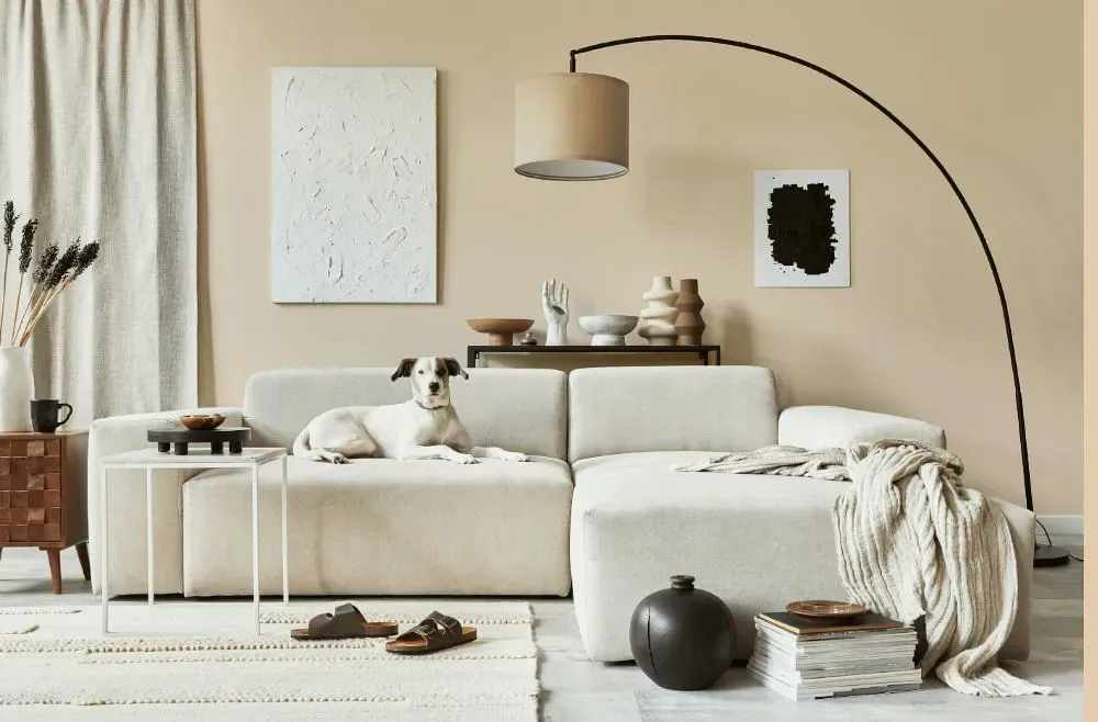 Benjamin Moore Mystic Beige cozy living room