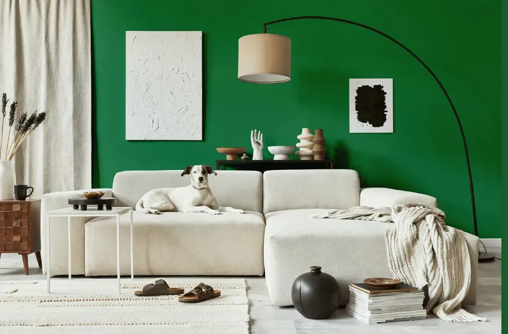 Benjamin Moore Nile Green cozy living room