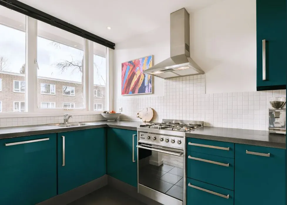 Benjamin Moore Oasis Blue kitchen cabinets