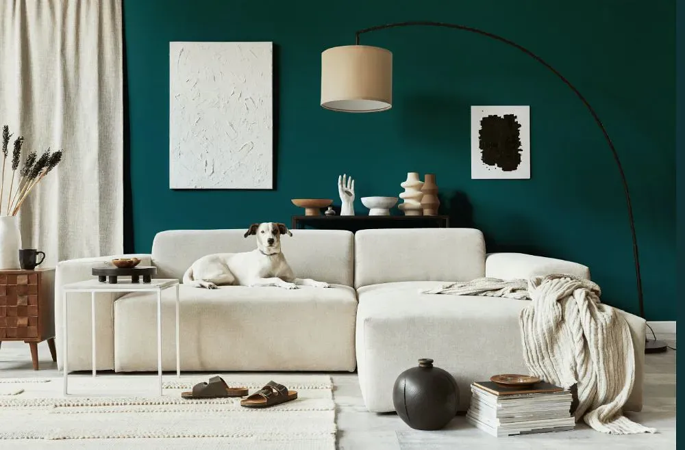 Benjamin Moore Oasis Blue cozy living room