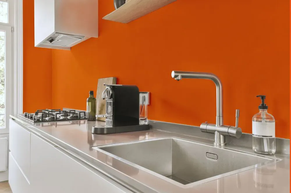 Benjamin Moore Orange Burst kitchen painted backsplash