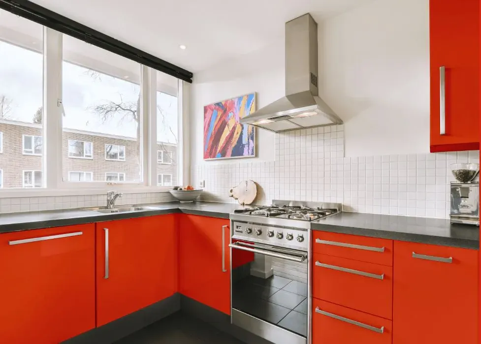 Benjamin Moore Outrageous Orange kitchen cabinets