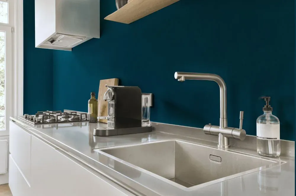 Benjamin Moore Pacific Ocean Blue kitchen painted backsplash