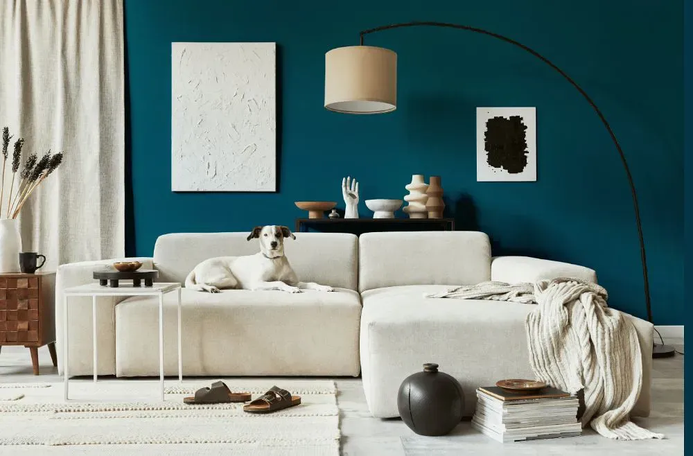 Benjamin Moore Pacific Ocean Blue cozy living room