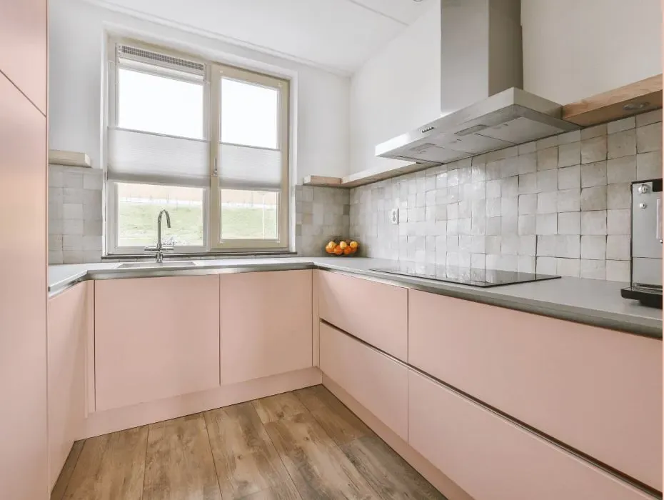 Benjamin Moore Pale Pink Satin small kitchen cabinets