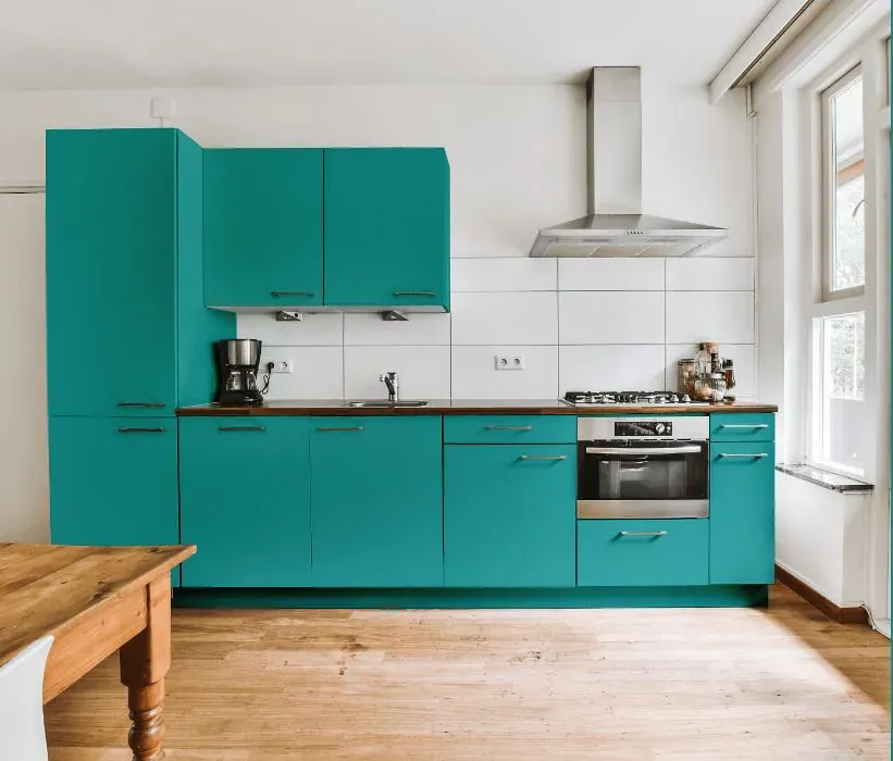 Benjamin Moore Palm Coast Teal kitchen cabinets