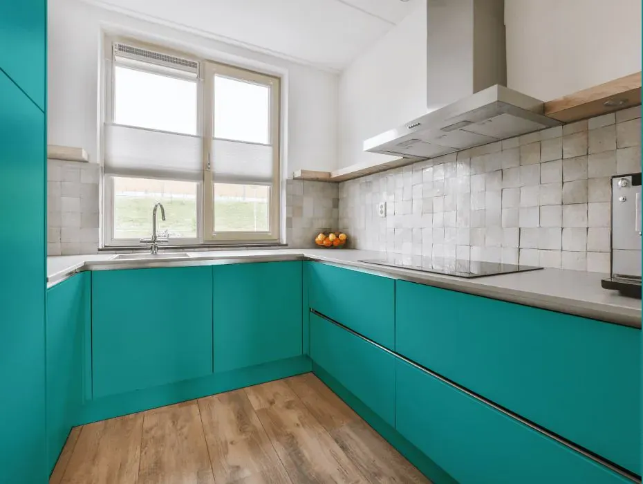 Benjamin Moore Palm Coast Teal small kitchen cabinets