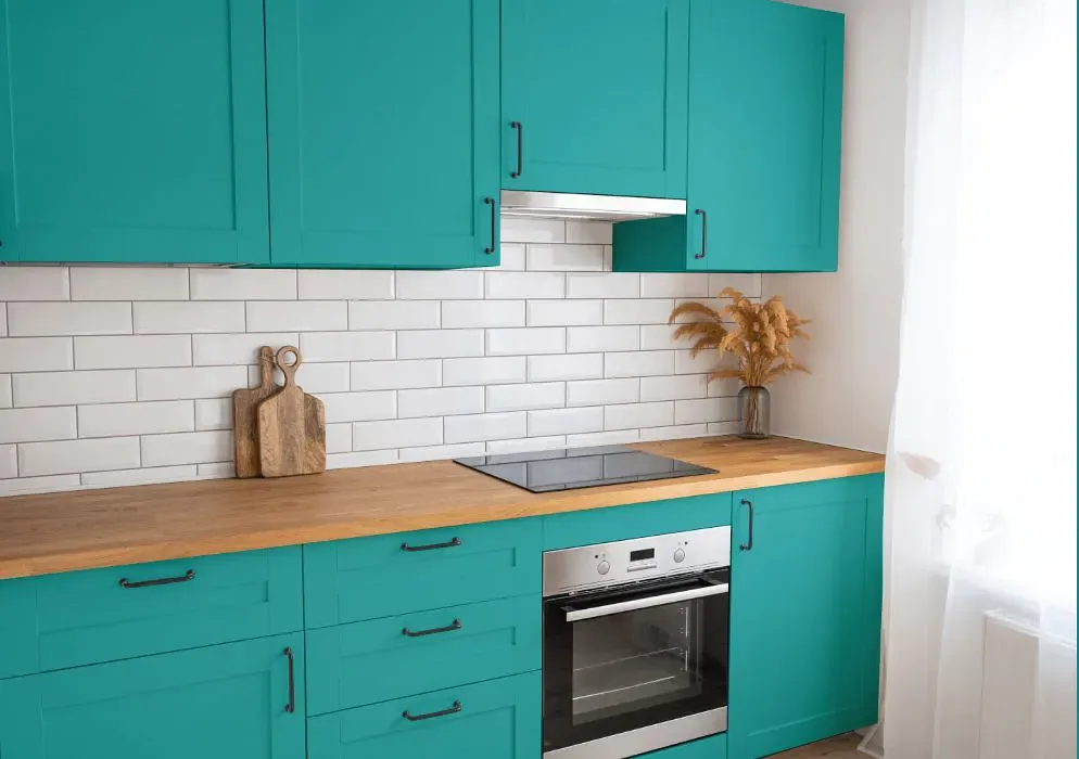 Benjamin Moore Palm Coast Teal kitchen cabinets