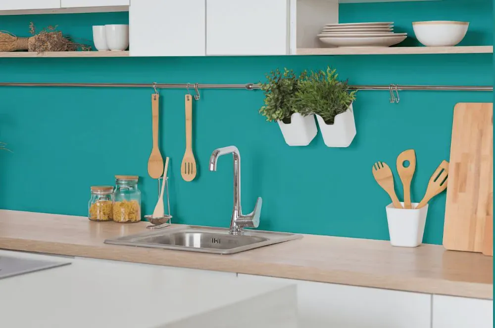 Benjamin Moore Palm Coast Teal kitchen backsplash