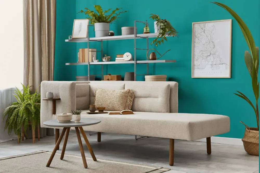 Benjamin Moore Palm Coast Teal living room