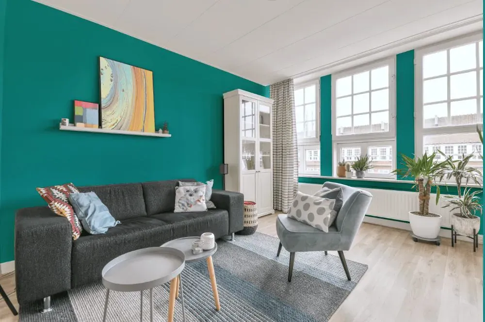 Benjamin Moore Palm Coast Teal living room walls