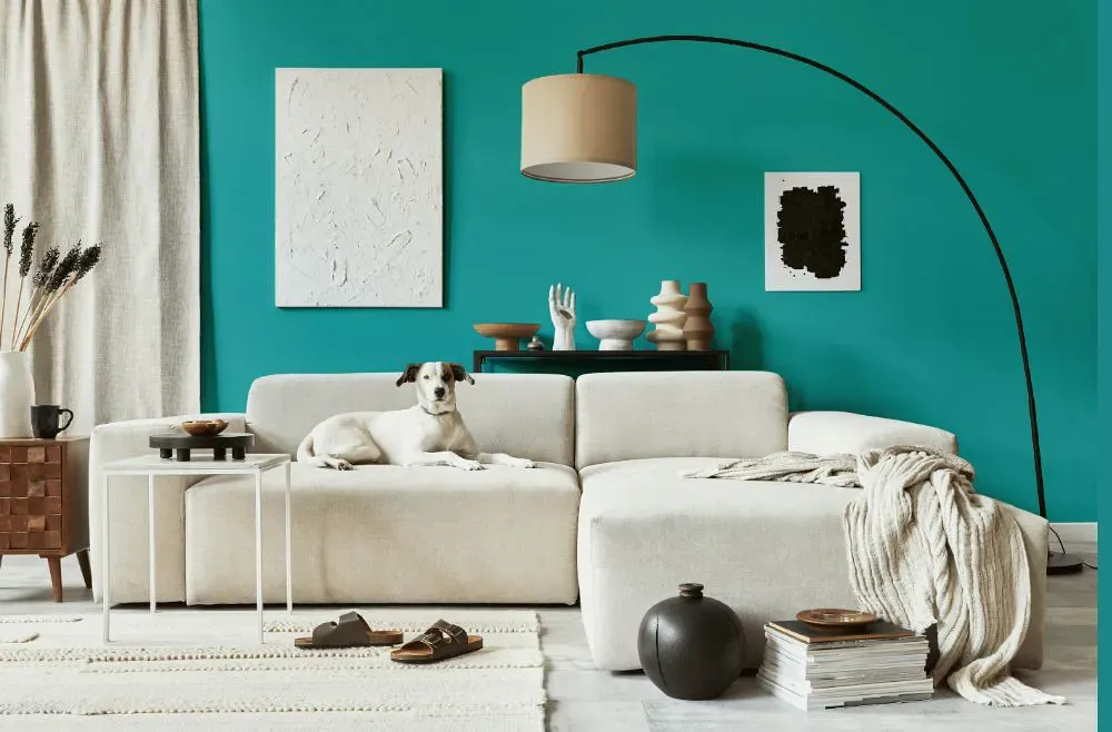 Benjamin Moore Palm Coast Teal cozy living room