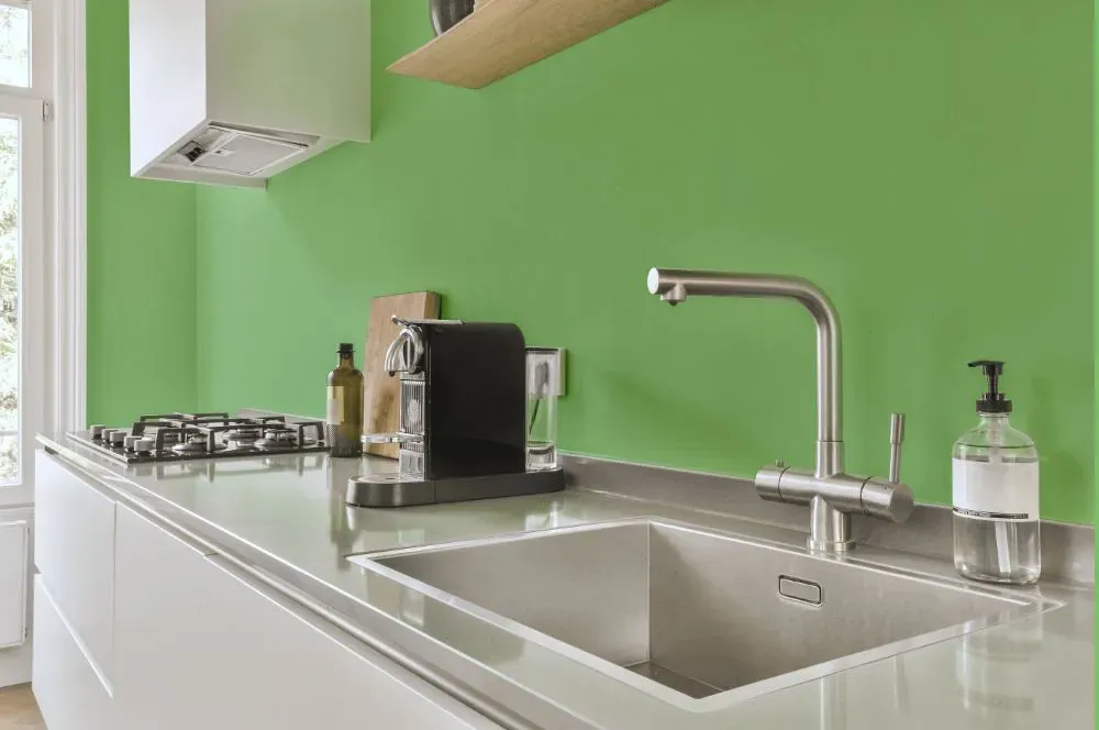 Benjamin Moore Paradise Hills Green kitchen painted backsplash