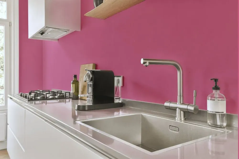 Benjamin Moore Paradise Pink kitchen painted backsplash
