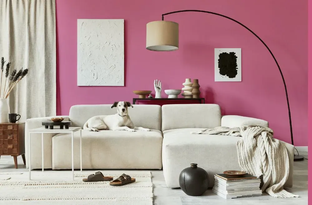 Benjamin Moore Paradise Pink cozy living room