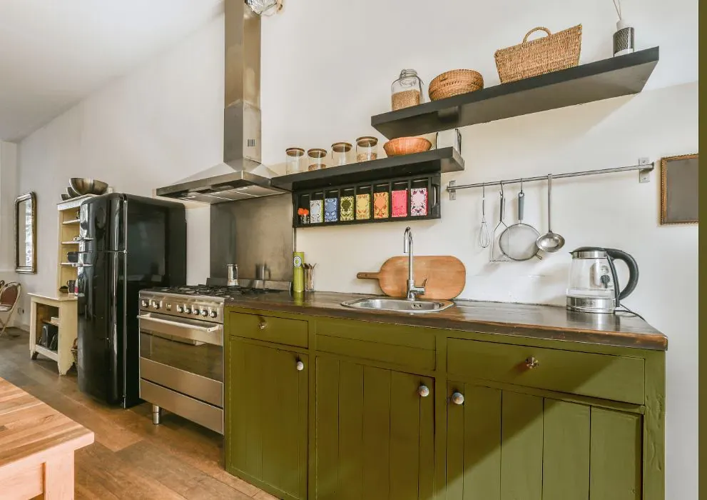 Benjamin Moore Perfectly Pesto kitchen cabinets