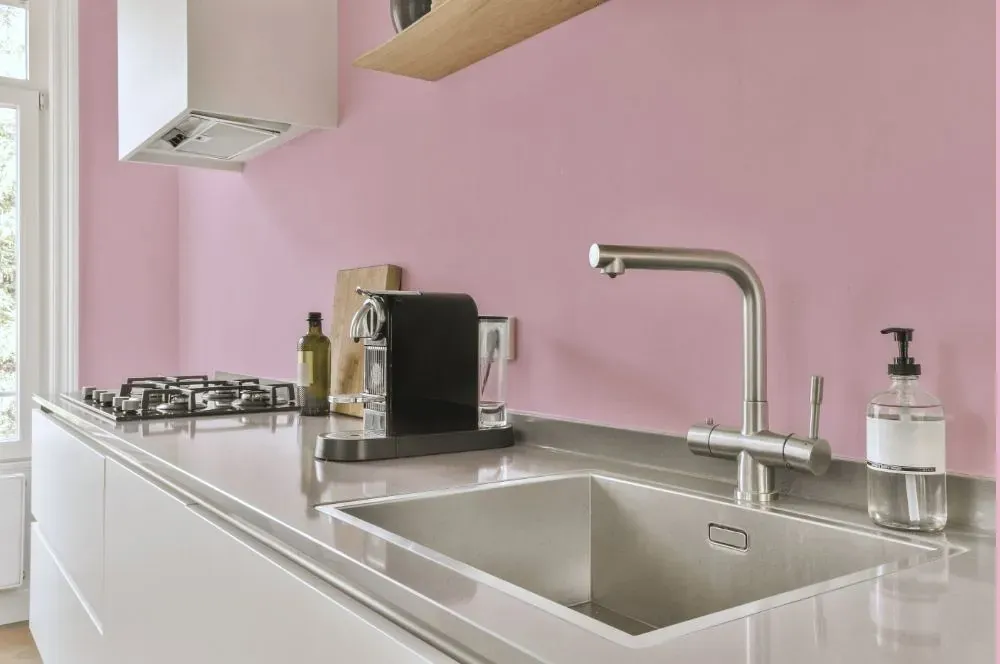 Benjamin Moore Pink Petals kitchen painted backsplash