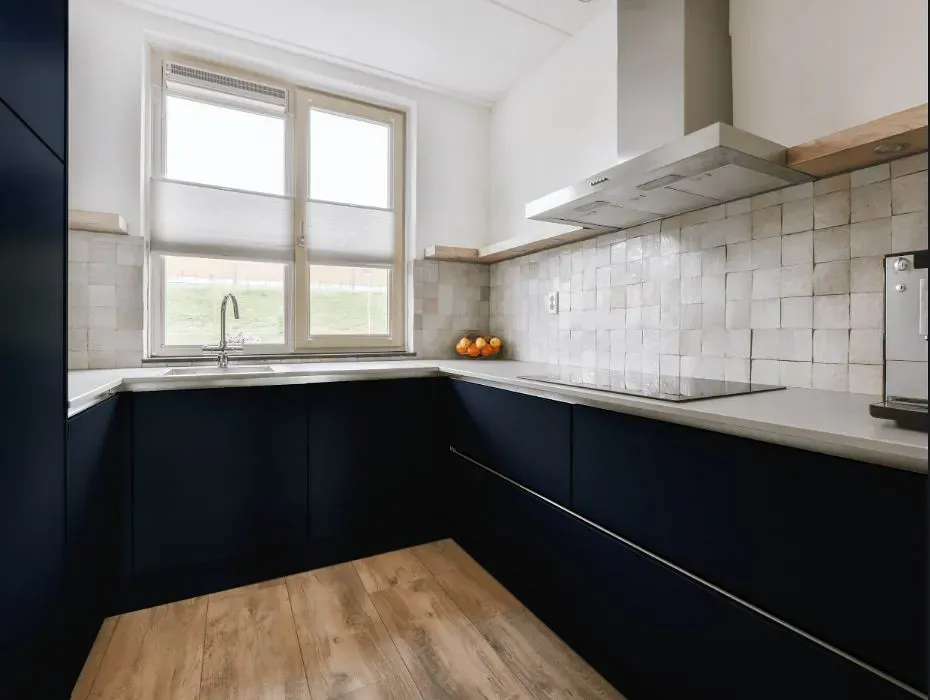 Benjamin Moore Polo Blue small kitchen cabinets