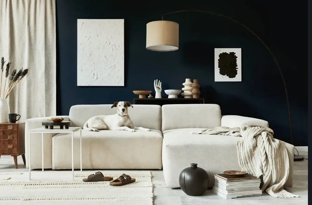 Benjamin Moore Polo Blue cozy living room