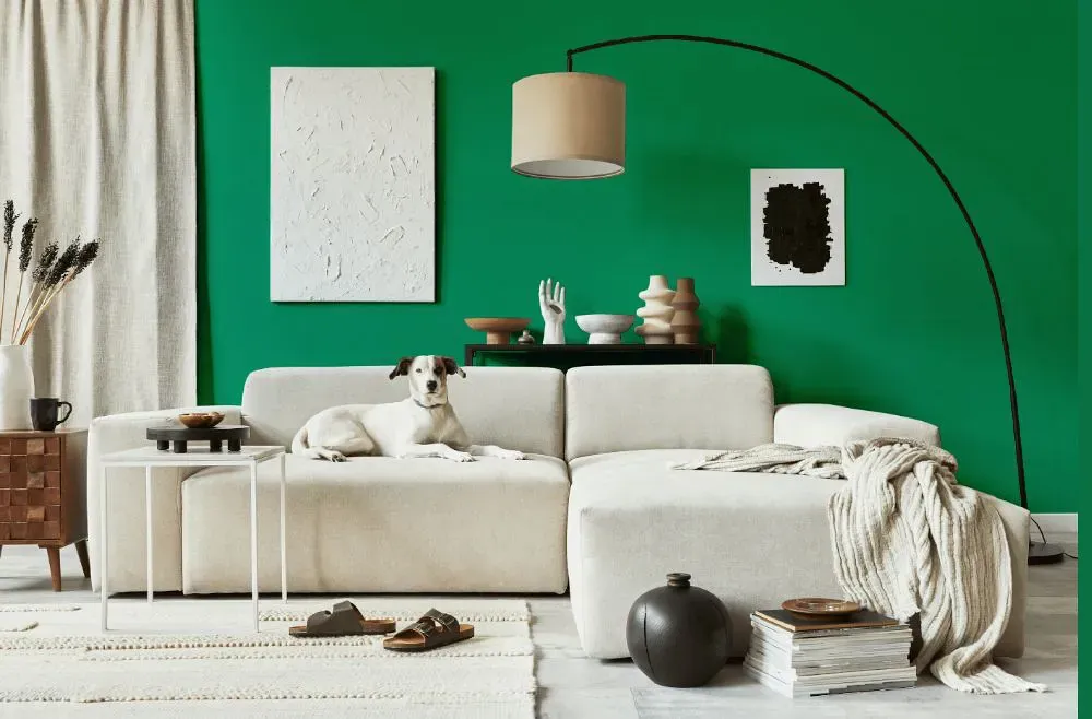 Benjamin Moore Prairie Green cozy living room