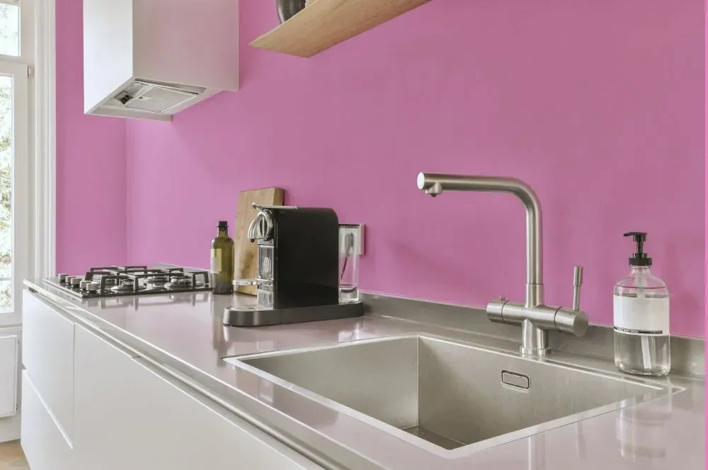 Benjamin Moore Pretty Pink kitchen painted backsplash