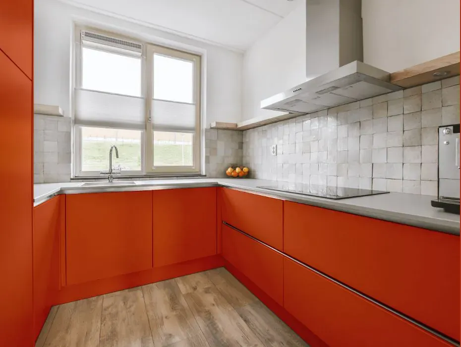 Benjamin Moore Racing Orange small kitchen cabinets