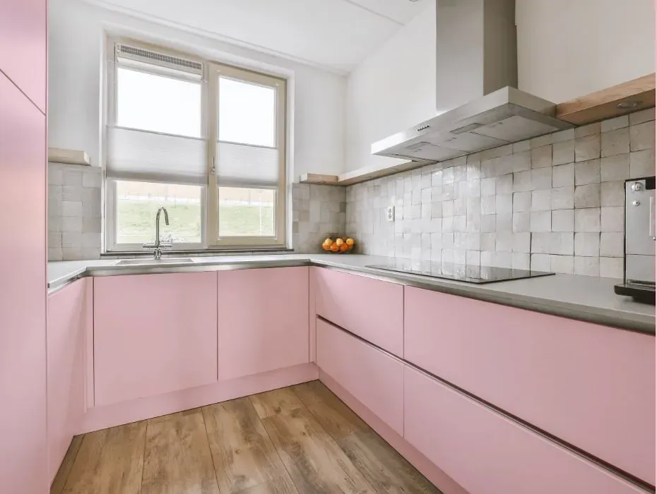 Benjamin Moore Ribbon Pink small kitchen cabinets