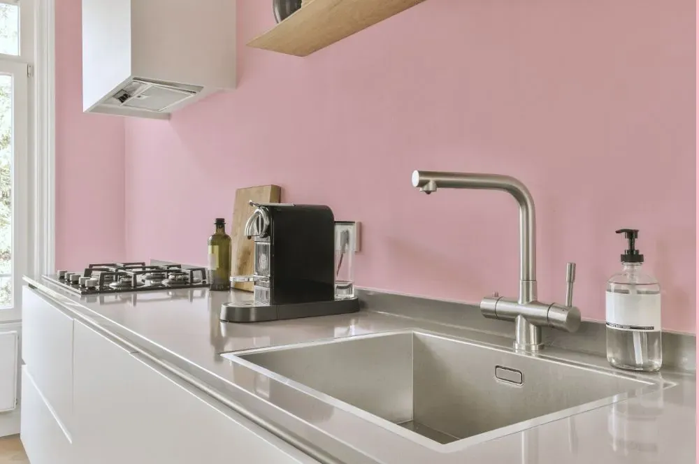 Benjamin Moore Ribbon Pink kitchen painted backsplash