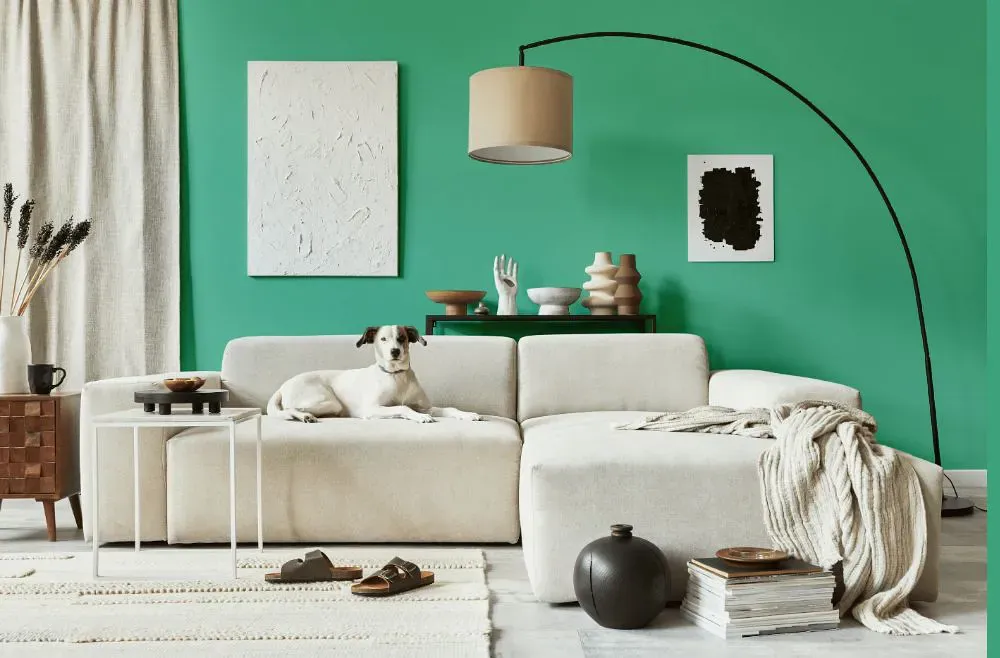 Benjamin Moore Rosamilia Green cozy living room