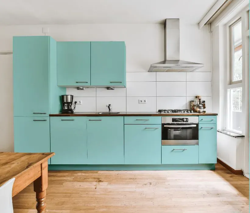 Benjamin Moore San Clemente Teal kitchen cabinets