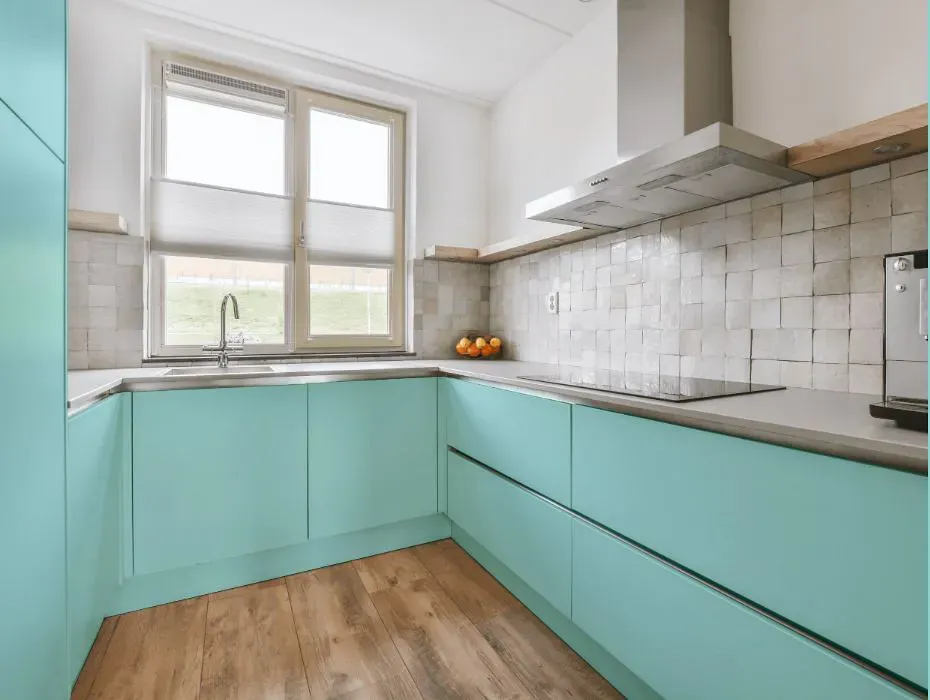Benjamin Moore San Clemente Teal small kitchen cabinets