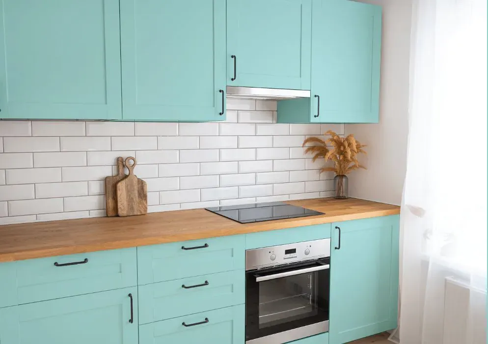 Benjamin Moore San Clemente Teal kitchen cabinets