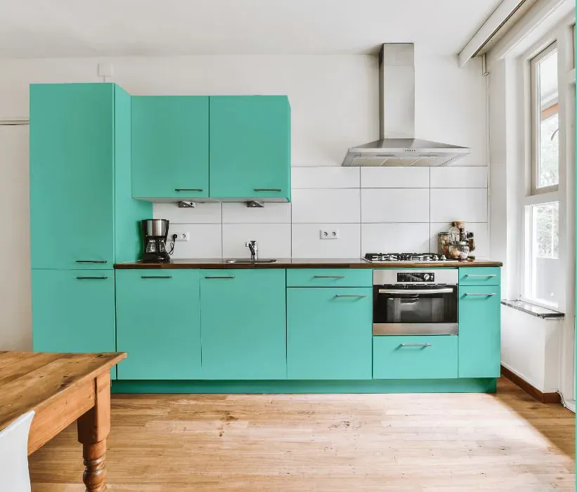 Benjamin Moore Scuba Green kitchen cabinets