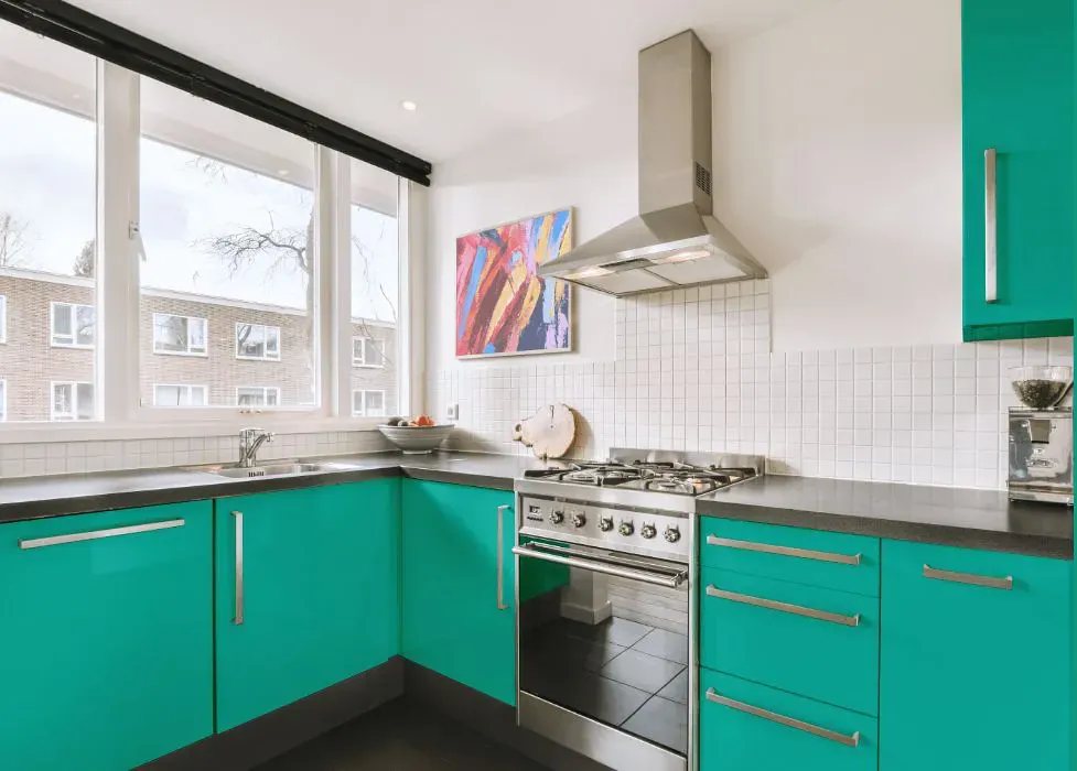 Benjamin Moore Sea of Green kitchen cabinets