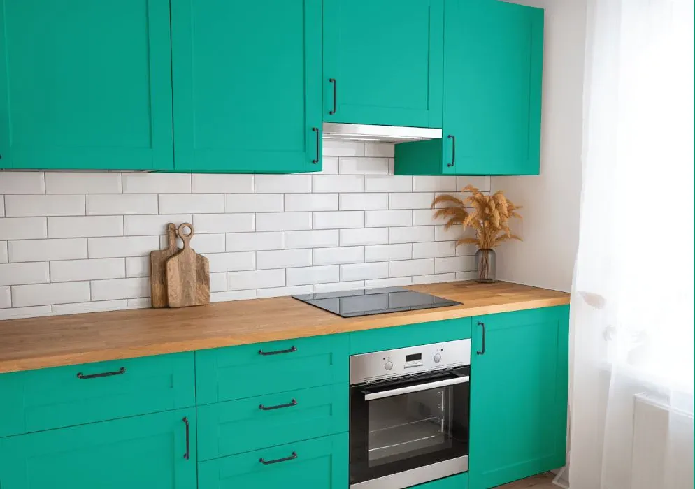 Benjamin Moore Sea of Green kitchen cabinets
