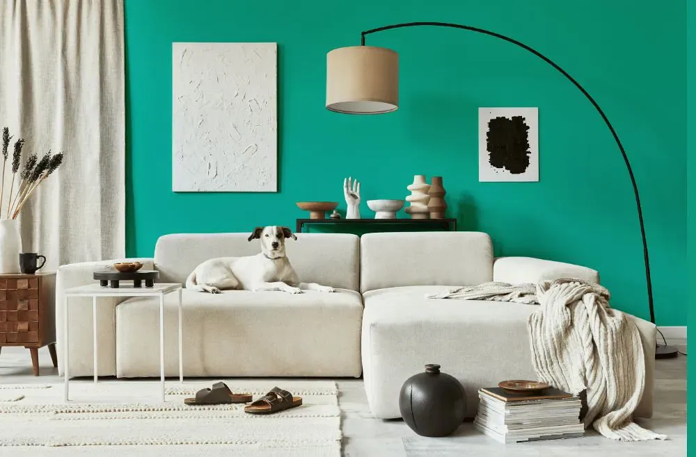 Benjamin Moore Sea of Green cozy living room