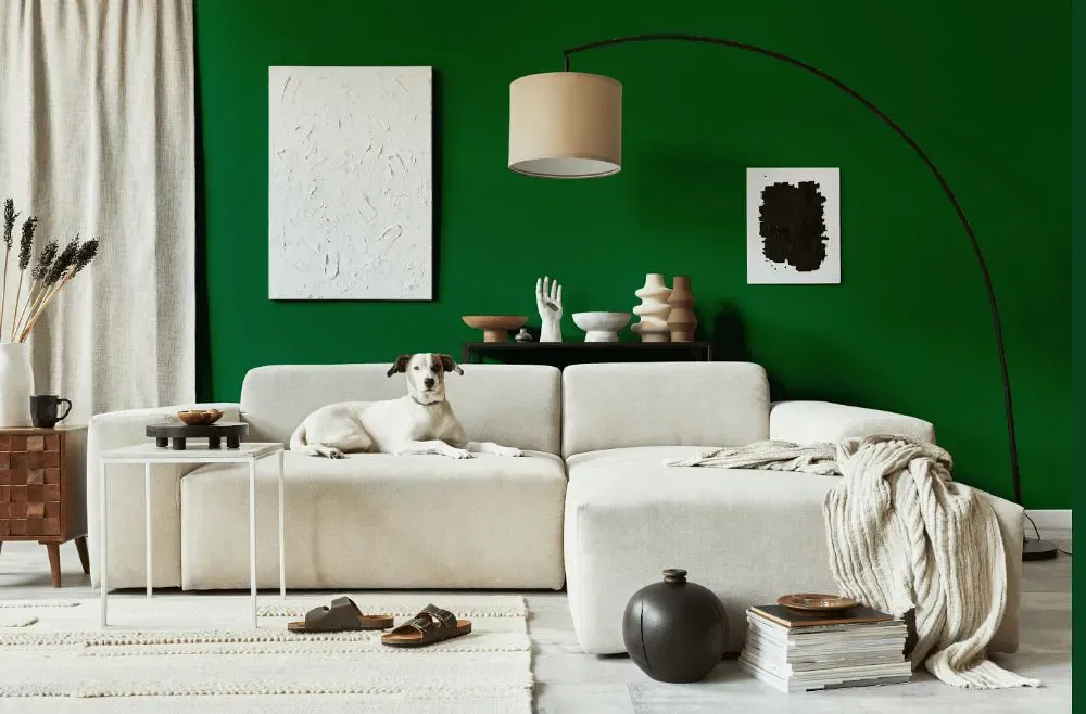 Benjamin Moore Seaweed cozy living room